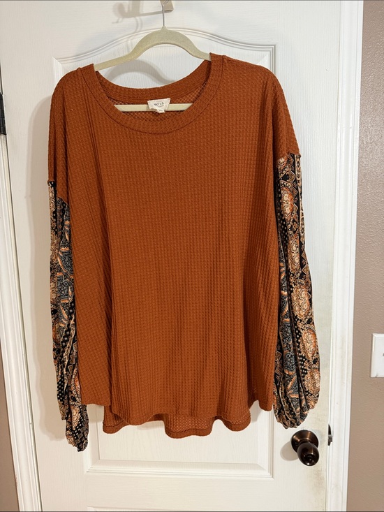 Perch Tops - Rust Waffle-Knit Pullover with Paisley Balloon Sleeves